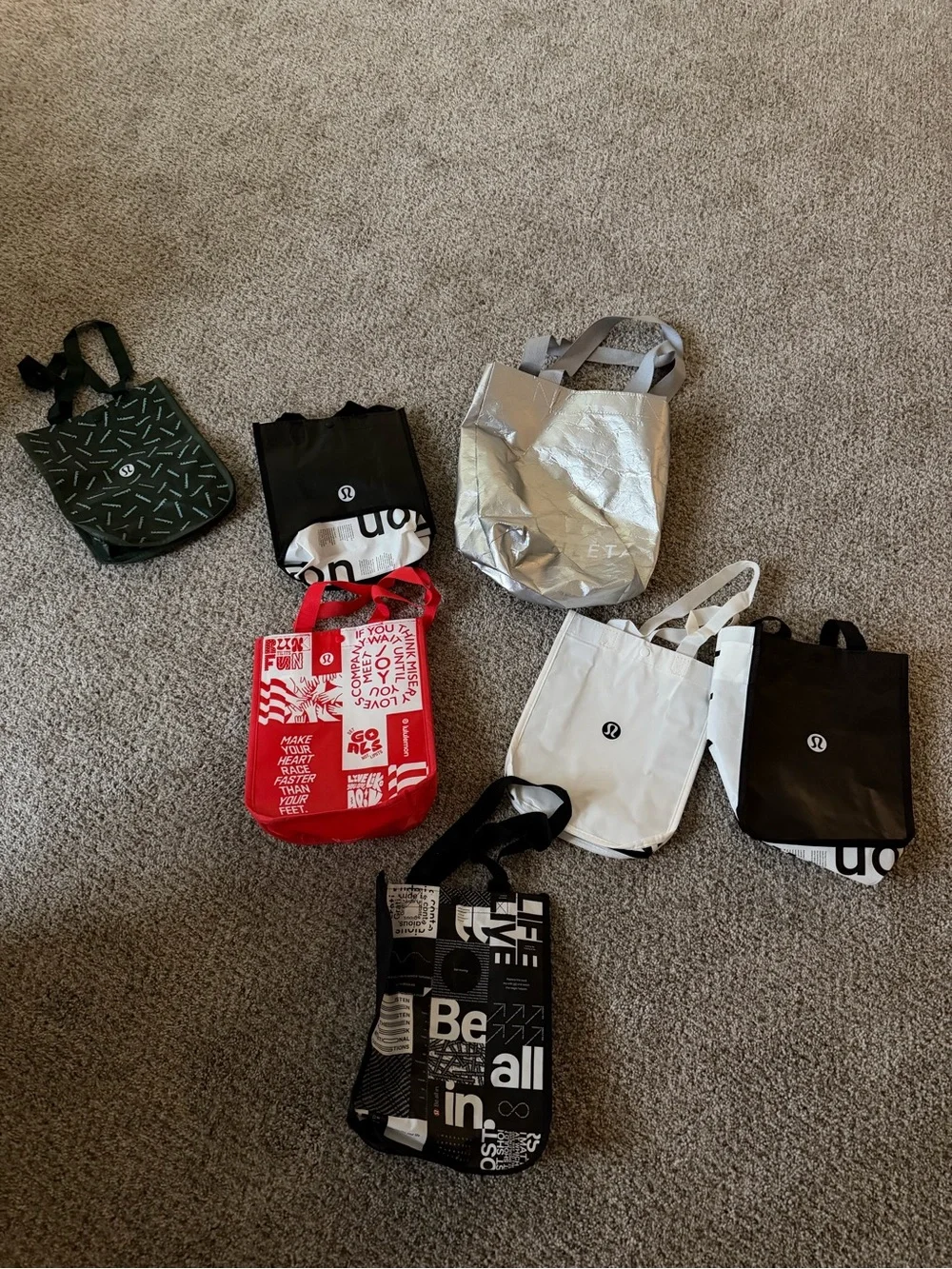 lululemon athletica Tote Collection — Red, White, Black, Silver, Green